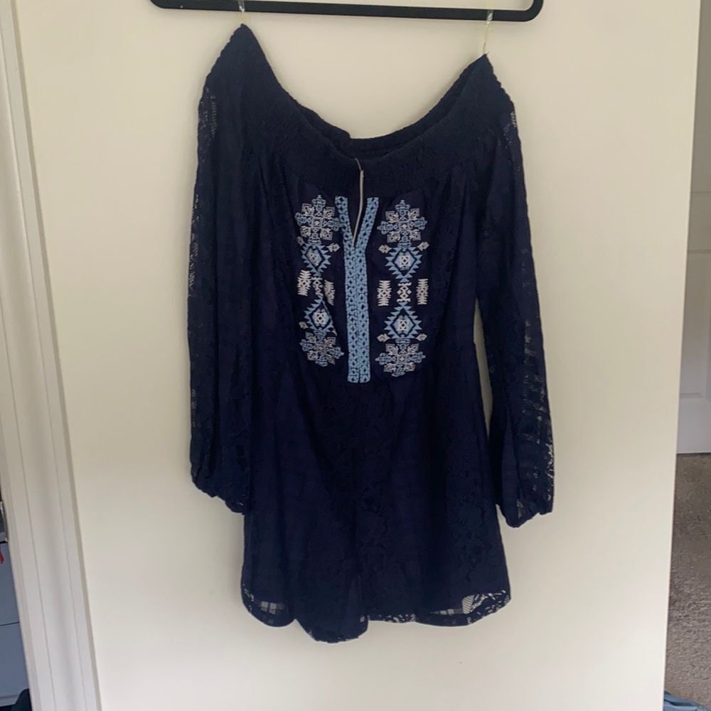 COPY - Francesca’s Romper- Navy Blue with Lace Cinch Sleeve
